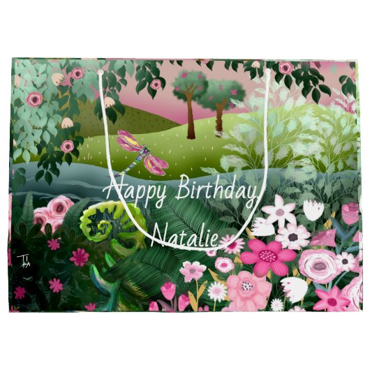 Roze weide met libel handgeschilderd groot cadeauzakje (Achterkant)