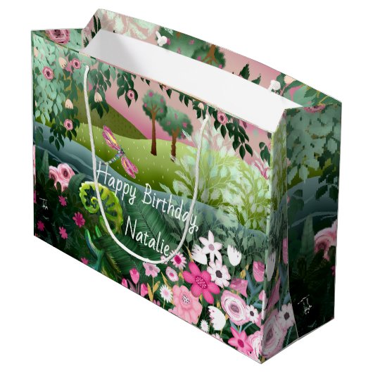 Roze weide met libel handgeschilderd groot cadeauzakje (Achterkant Gekanteld)