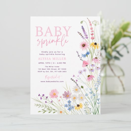 Roze weide wilde bloemen baby sprinkle kaart (Staand voorkant)