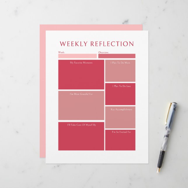 Roze Wekelijkse Reflectie Planner Afdrukbaar Werkb Briefhoofd (Voorkant / Achterkant in situ)