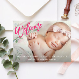 Roze welkomstscript met foto Baby Girl Birth Aankondiging