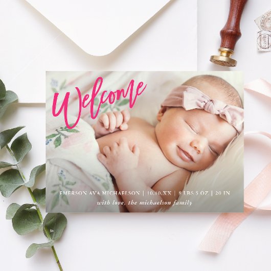 Roze welkomstscript met foto Baby Girl Birth Aankondiging
