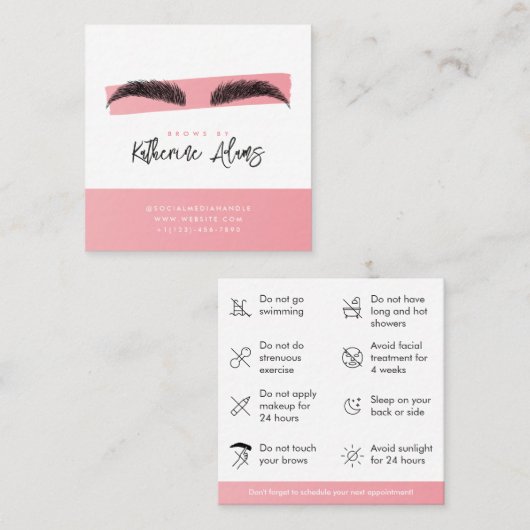 Roze wenkbrauwen Nazorg instructie Vierkante Visitekaartje (Voorkant / Achterkant)