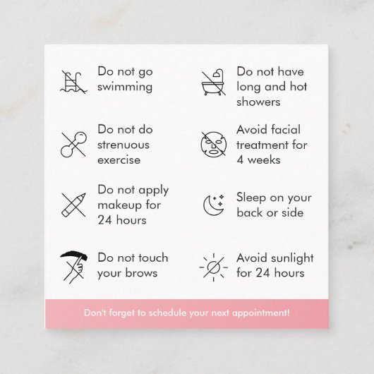 Roze wenkbrauwen Nazorg instructie Vierkante Visitekaartje (Achterkant)
