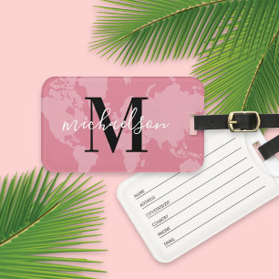 Roze Wereldkaart Aangepaste Naam Monogram Bagagelabel
