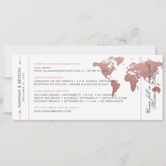 Roze Wereldkaart Boarding Pass Save the Date Kaart (Achterkant)