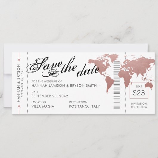 Roze Wereldkaart Boarding Pass Save the Date Kaart (Voorkant)