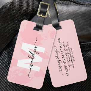 Roze Wereldkaart Monogram Bagagelabel