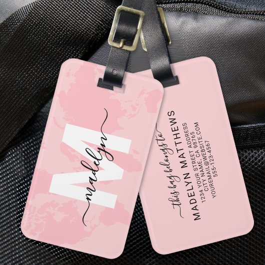 Roze Wereldkaart Monogram Bagagelabel