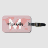 Roze Wereldkaart op Stof Paarse Reiziger Monogram Bagagelabel (Voorkant (horizontaal))