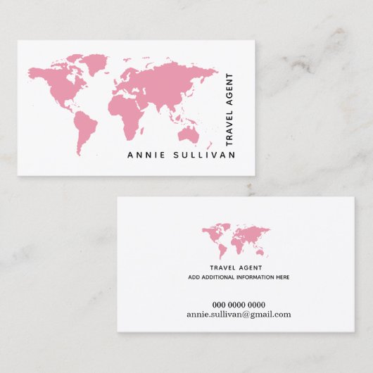 Roze Wereldkaart Reisagent (op witte optie) Visitekaartje (Voorkant / Achterkant)