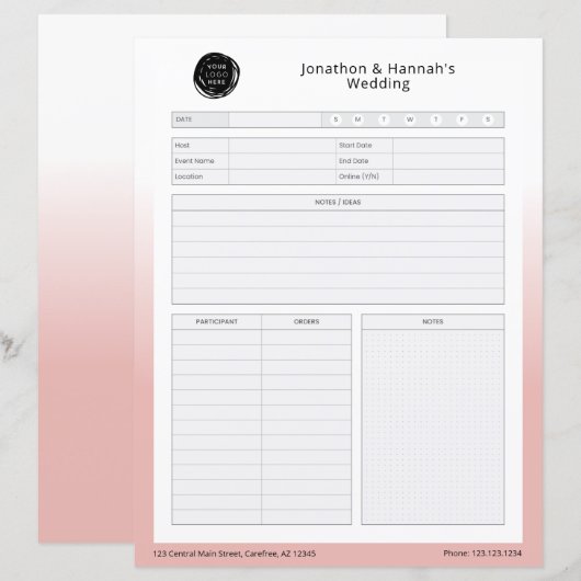 Roze werkblad voor de planning van bedrijfseveneme (Voorkant / Achterkant)