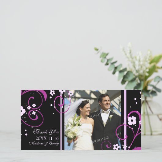 Roze werveling Dank u bruiloft foto kaarten (Staand voorkant)