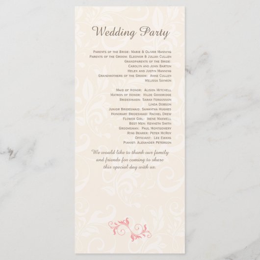 Roze wervelingen op bord damask Wedding Program Programmakaart (Achterkant)