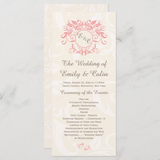 Roze wervelingen op bord damask Wedding Program Programmakaart (Voorkant / Achterkant)