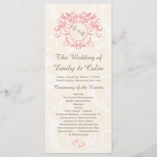 Roze wervelingen op bord damask Wedding Program Programmakaart (Voorkant)