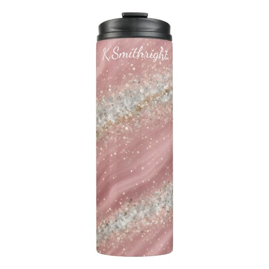 Roze Wervelingen Zilveren Glitter Textuur Thermosbeker (Voorkant)