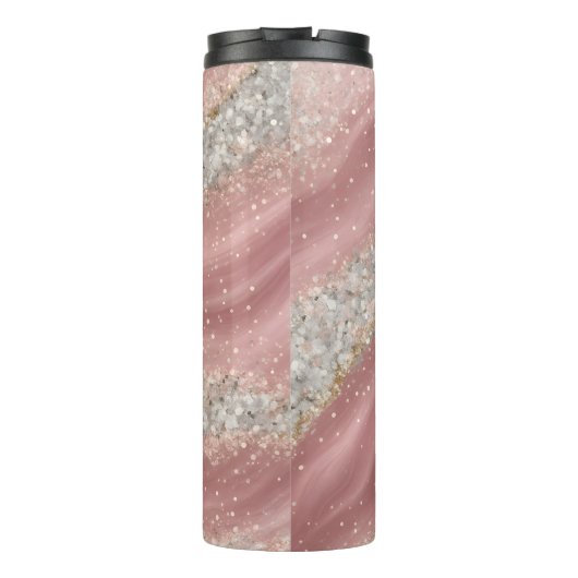 Roze Wervelingen Zilveren Glitter Textuur Thermosbeker (Achterkant)