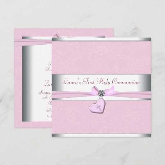 Roze Werveltje Hart Roze Kruis Eerste Communie Kaart (Voorkant / Achterkant)