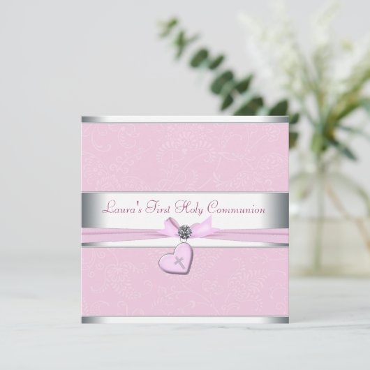Roze Werveltje Hart Roze Kruis Eerste Communie Kaart (Staand voorkant)