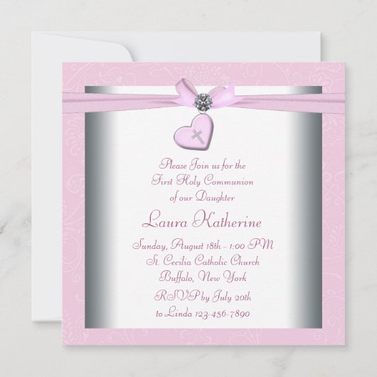 Roze Werveltje Hart Roze Kruis Eerste Communie Kaart (Achterkant)