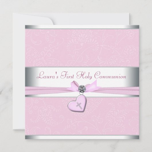 Roze Werveltje Hart Roze Kruis Eerste Communie Kaart (Voorkant)