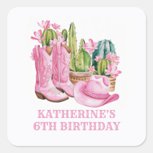 Roze West Cowgirl Cactus Waterverf Verjaardag Vierkante Sticker