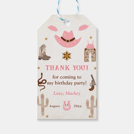 Roze Western Cowboy Verjaardagsfeestje Cadeaulabel (Voorkant)