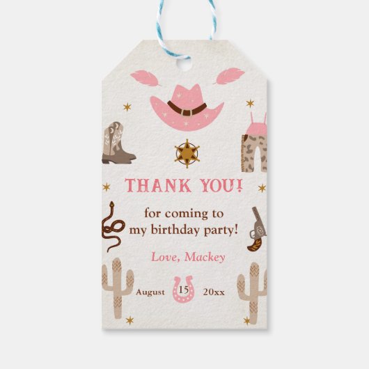 Roze Western Cowboy Verjaardagsfeestje Cadeaulabel (Achterkant)