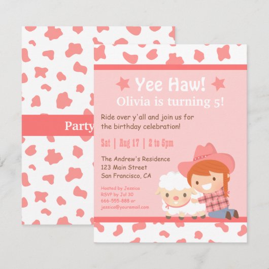 Roze Western Cowgirl Boerderij Kinderen van Birthd Kaart (Voorkant / Achterkant)