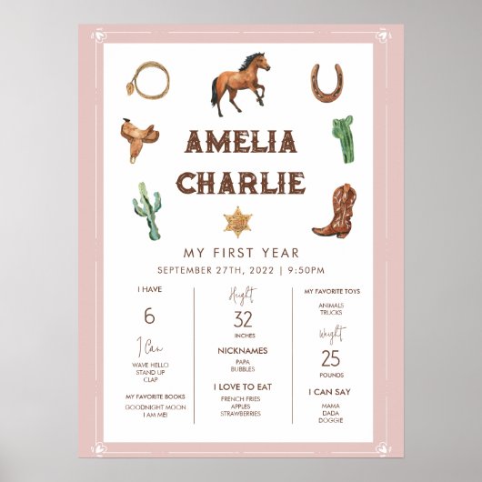 Roze Western Eerste Jaar Eerste Dag Mijlsteen Poster (Voorkant)