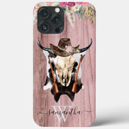 Roze Western Houten Koeien Schedel Cowboy Monogram Case-Mate iPhone Case (Achterkant)