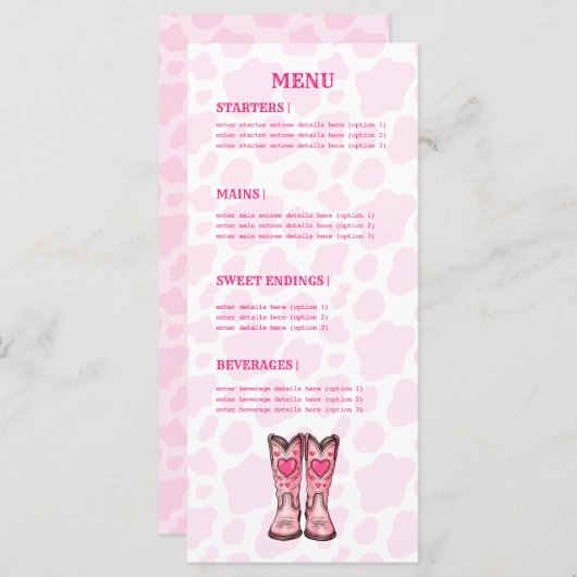 Roze Western Koe Print Rodeo Style Flat Menu (Voorkant / Achterkant)
