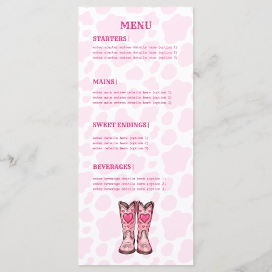 Roze Western Koe Print Rodeo Style Flat Menu (Voorkant)
