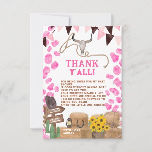 Roze western roze koe baby shower bedankkaart (Voorkant)