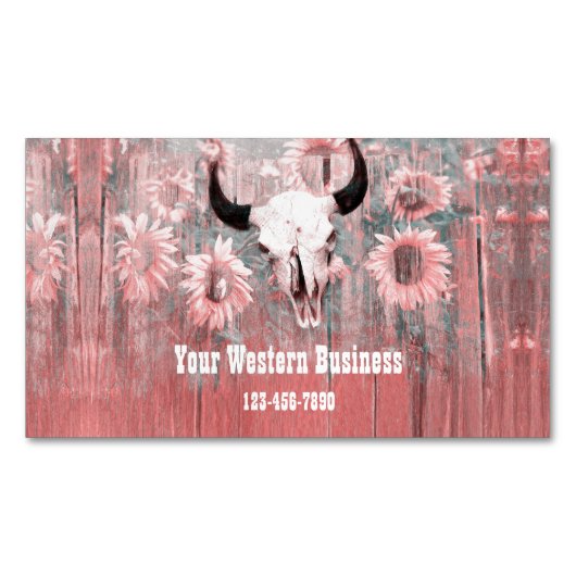 Roze Westerne bull zonnebloemen op hout Magnetisch Visitekaartje (Voorkant)