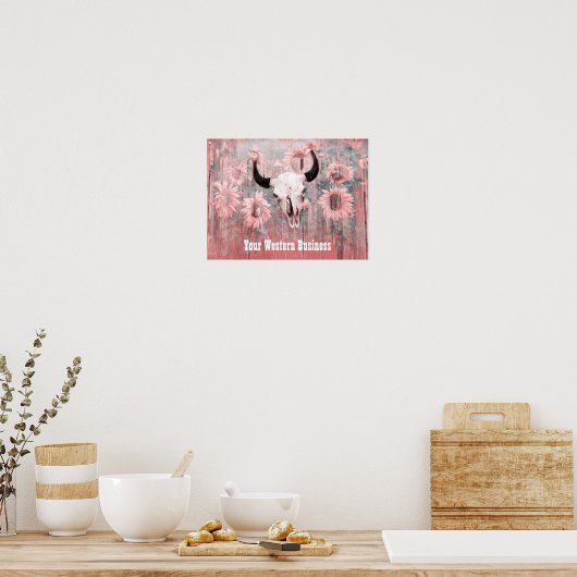 Roze Westerne bull zonnebloemen op hout Poster (Keuken)