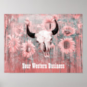 Roze Westerne bull zonnebloemen op hout Poster (Voorkant)