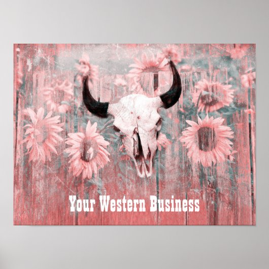 Roze Westerne bull zonnebloemen op hout Poster (Voorkant)
