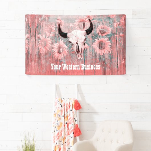 Roze Westerne bull zonnebloemen op hout Spandoek (Insitu)