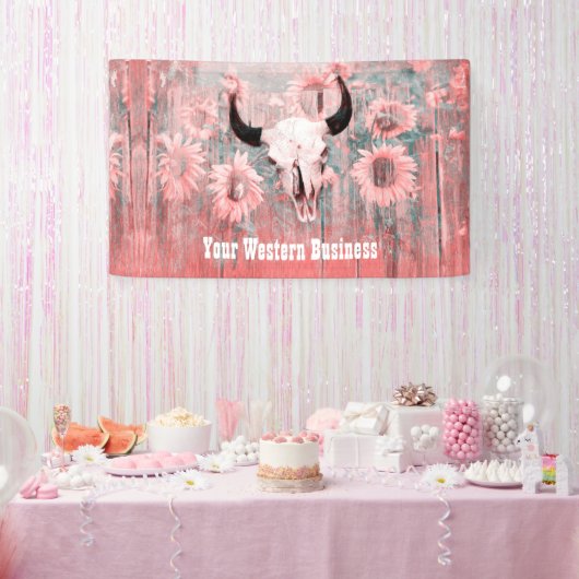 Roze Westerne bull zonnebloemen op hout Spandoek (Feest)