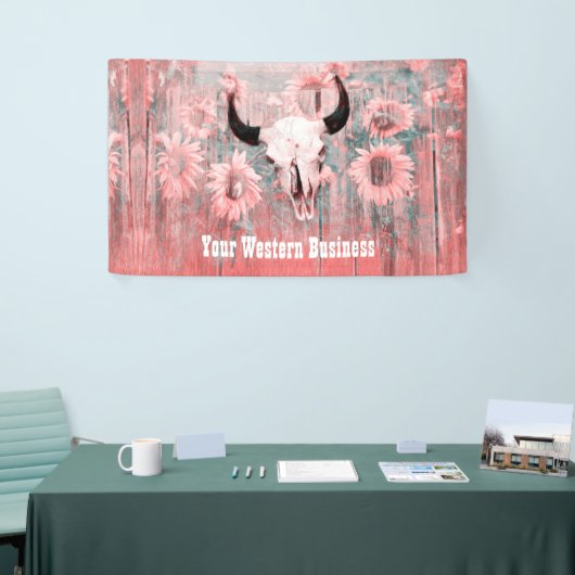Roze Westerne bull zonnebloemen op hout Spandoek (Beurs)