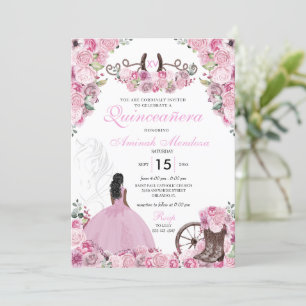 Roze Westerne Charra Floral Boots Quinceañera Kaart