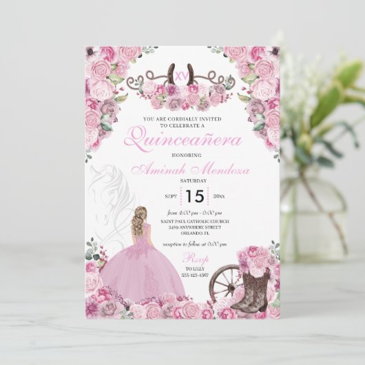 Roze Westerne Charra Floral Boots Quinceañera Kaart (Staand voorkant)