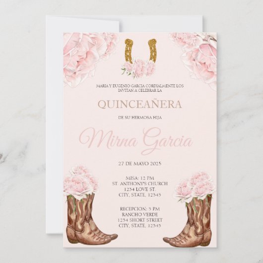 Roze Westerne Charra Themd Quinceanera Uitnodiging (Voorkant)
