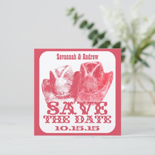 Roze Westerne Cowboy Cowgirl Wedding Save the Date (Staand voorkant)