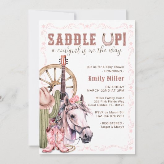 Roze Westerne Cowgirl Baby shower Zadelen Up Kaart (Voorkant)