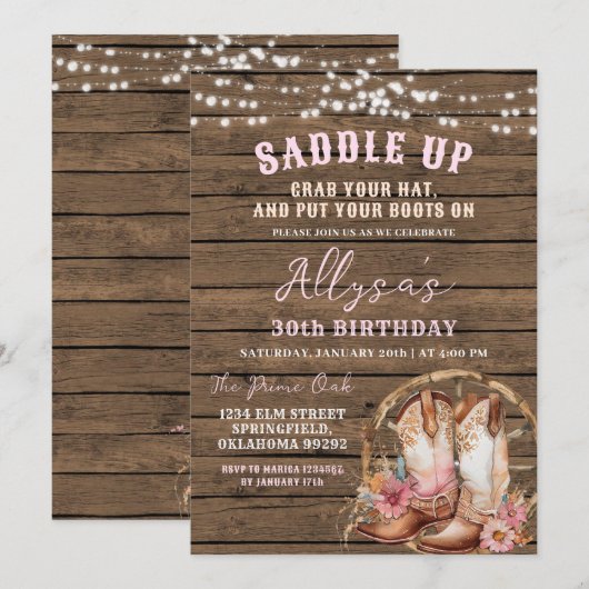 Roze Westerne Cowgirl Rustiek Elke Leeftijd Verjaa Kaart (Voorkant / Achterkant)