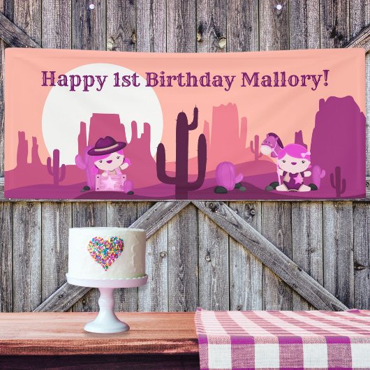 Roze Westerne Cowgirl Woestijnleeftijd 1 verjaarda Spandoek