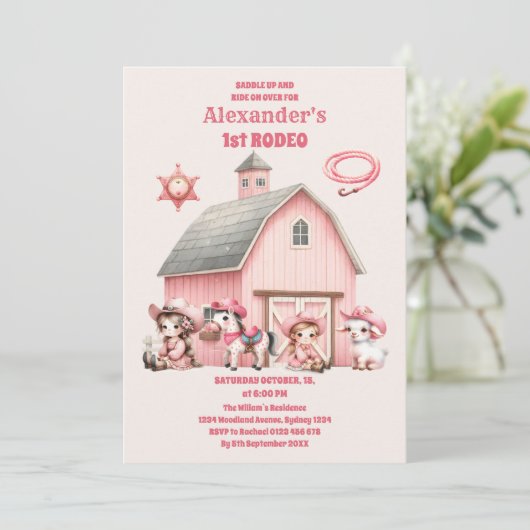 Roze Westerne Eerste verjaardag Rodeo Baby Girl Kaart (Staand voorkant)